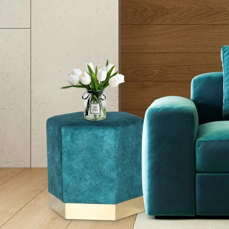 Ottoman / Tabouret de Coiffeuse Hexagonal en Daim Bleu avec Base Métallique, Moyen