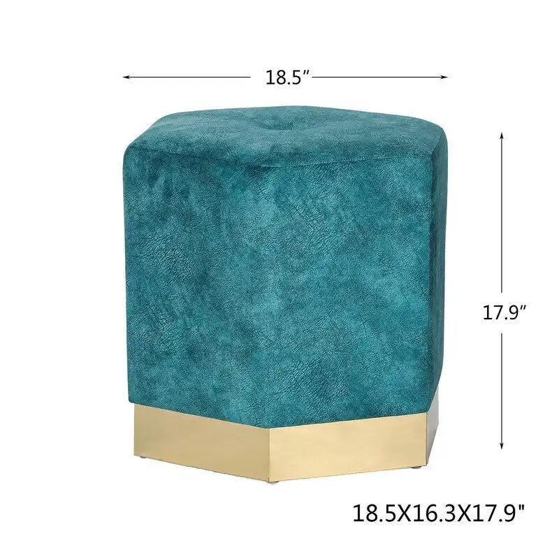 Ottoman / Tabouret de Coiffeuse Hexagonal en Daim Bleu avec Base Métallique, Moyen