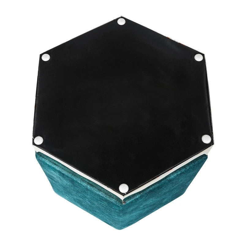 Ottoman / Tabouret de Coiffeuse Hexagonal en Daim Bleu avec Base Métallique, Moyen