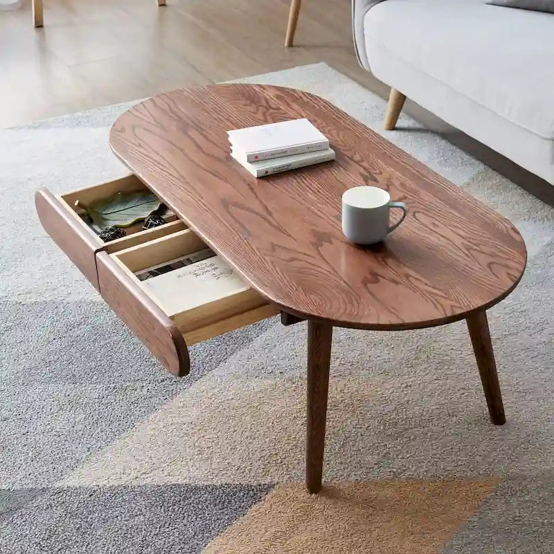 Table basse en chêne massif 100 % marron avec étagère de rangement inférieure et coins arrondis