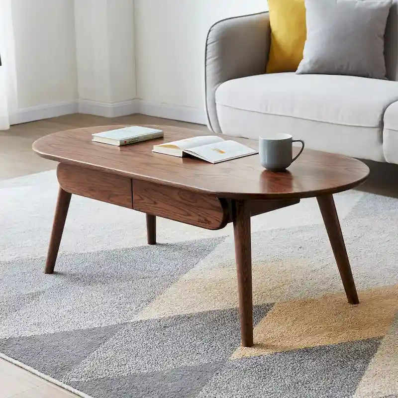 Table basse en chêne massif 100 % marron avec étagère de rangement inférieure et coins arrondis