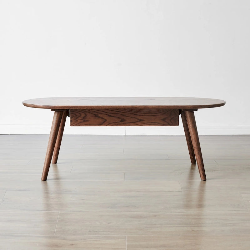 Table basse en chêne massif 100 % marron avec étagère de rangement inférieure et coins arrondis
