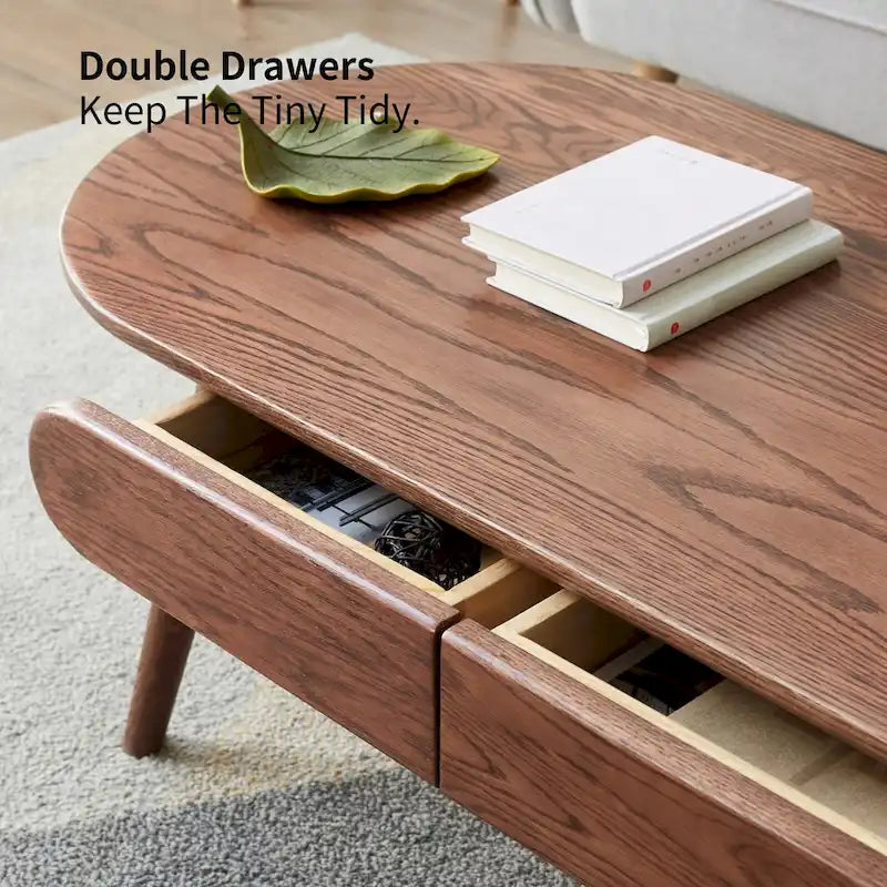 Table basse en chêne massif 100 % marron avec étagère de rangement inférieure et coins arrondis
