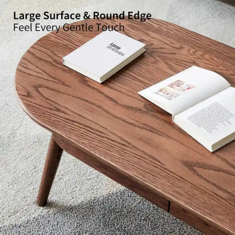 Table basse en chêne massif 100 % marron avec étagère de rangement inférieure et coins arrondis