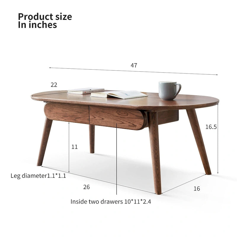 Table basse en chêne massif 100 % marron avec étagère de rangement inférieure et coins arrondis