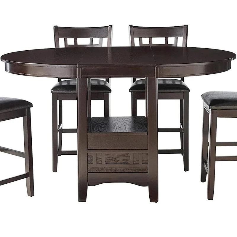 Table à manger extensible de hauteur comptoir, ronde à ovale, en finition expresso, avec piédestal de rangement, pour 4 à 6 personnes