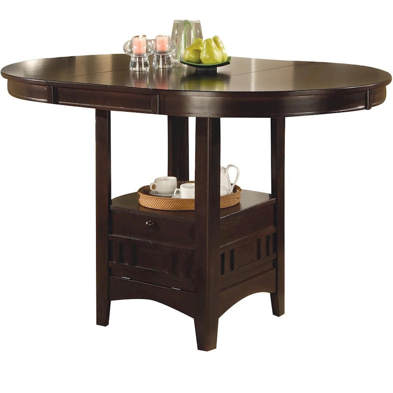 Table à manger extensible de hauteur comptoir, ronde à ovale, en finition expresso, avec piédestal de rangement, pour 4 à 6 personnes
