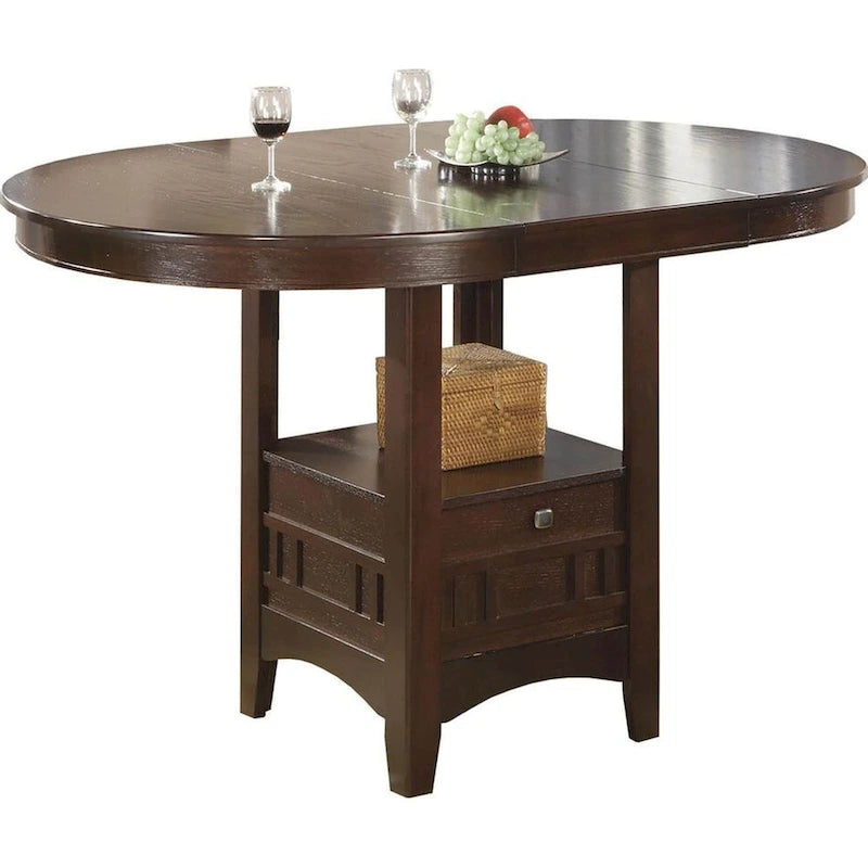 Table à manger extensible de hauteur comptoir, ronde à ovale, en finition expresso, avec piédestal de rangement, pour 4 à 6 personnes