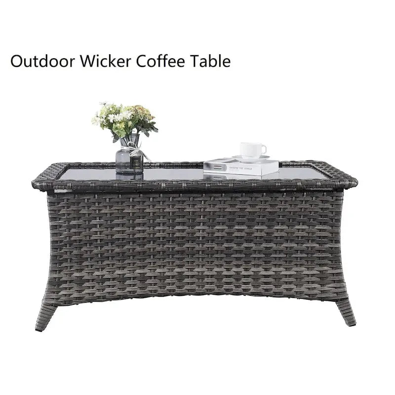 Table basse d'extérieur en rotin PE gris avec plateau en verre trempé et cadre en aluminium thermolaqué
