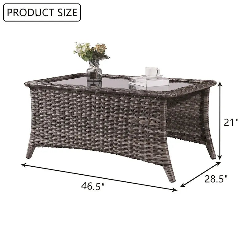 Table basse d'extérieur en rotin PE gris avec plateau en verre trempé et cadre en aluminium thermolaqué