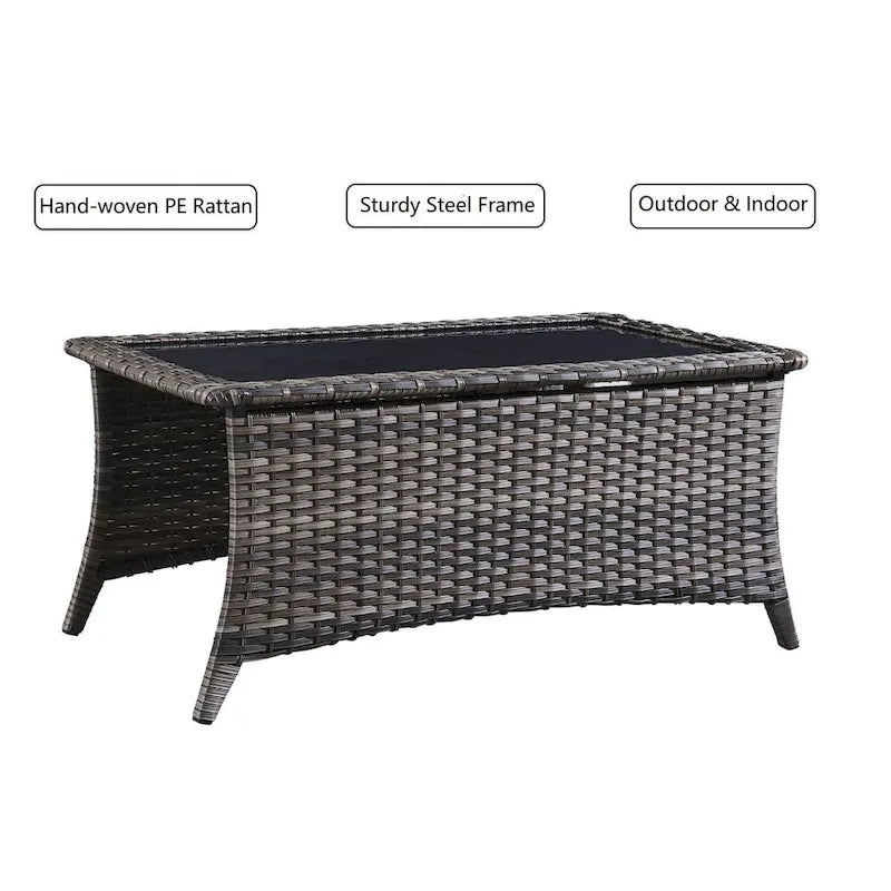 Table basse d'extérieur en rotin PE gris avec plateau en verre trempé et cadre en aluminium thermolaqué