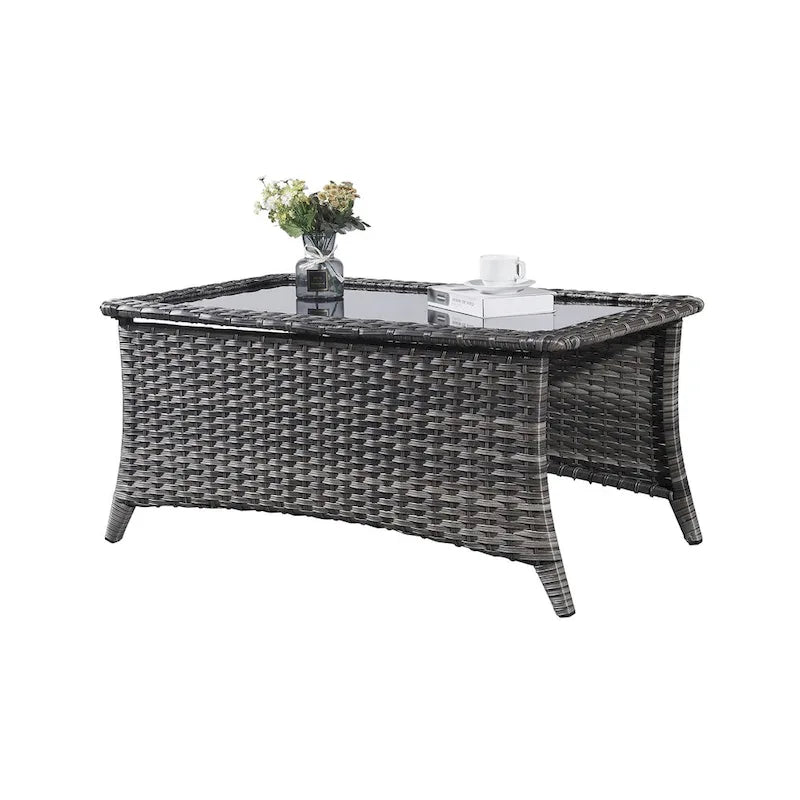 Table basse d'extérieur en rotin PE gris avec plateau en verre trempé et cadre en aluminium thermolaqué