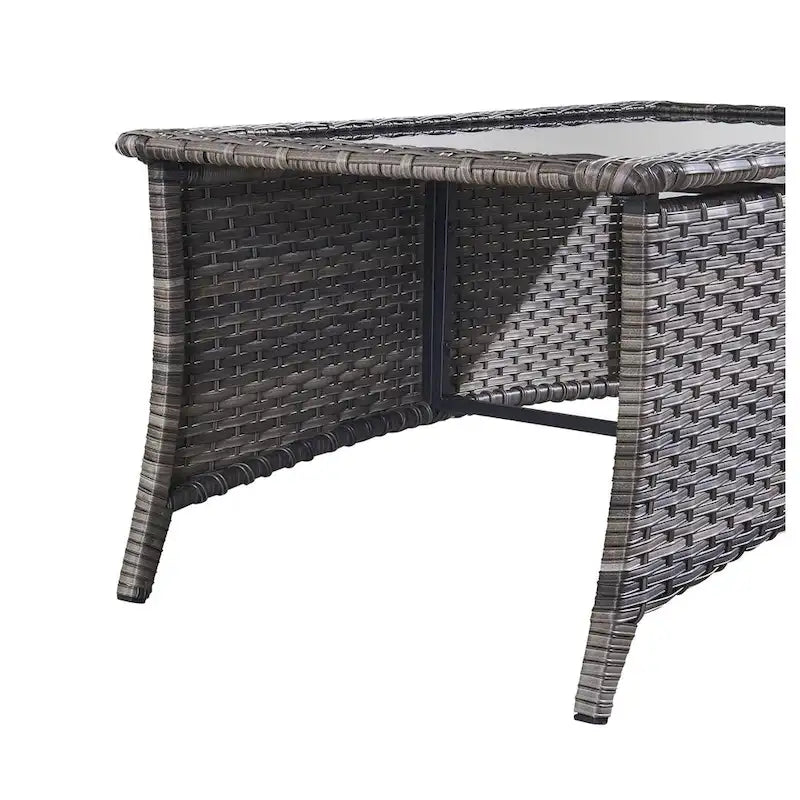 Table basse d'extérieur en rotin PE gris avec plateau en verre trempé et cadre en aluminium thermolaqué