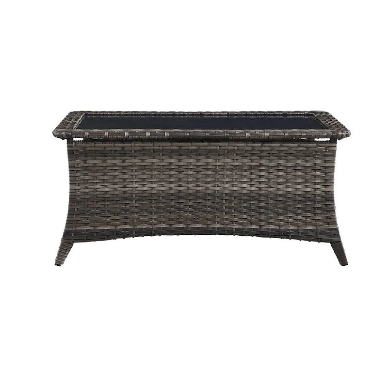 Table basse d'extérieur en rotin PE gris avec plateau en verre trempé et cadre en aluminium thermolaqué