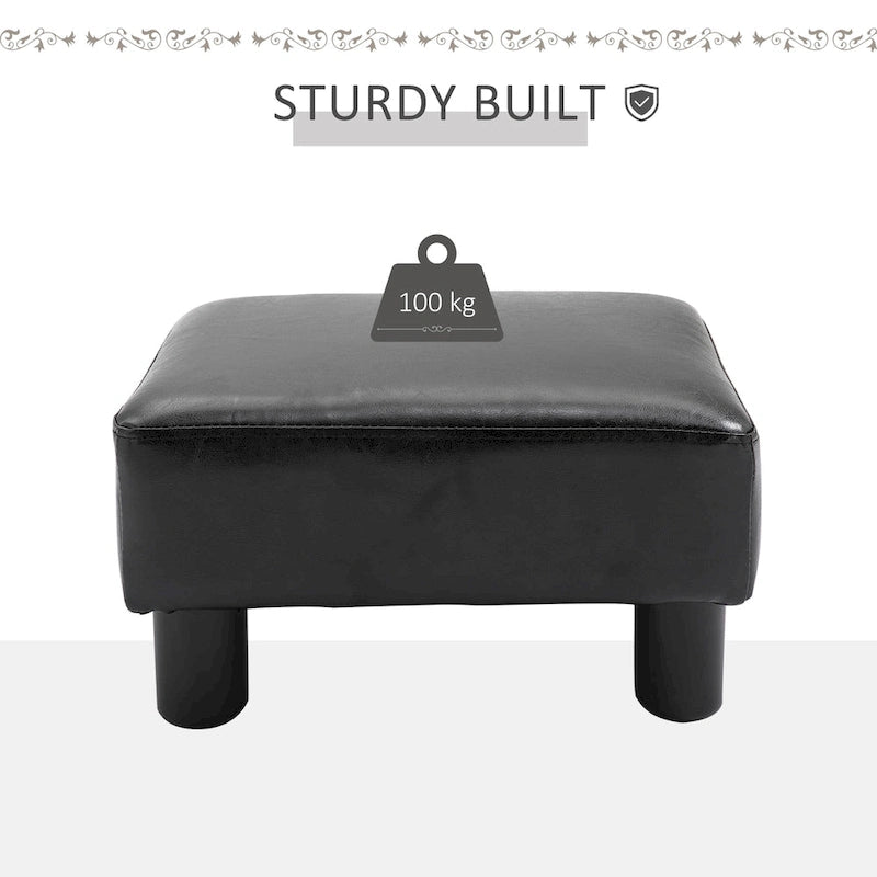 Repose-pieds ottoman rectangulaire en similicuir noir avec siège en mousse rembourrée et pieds en plastique