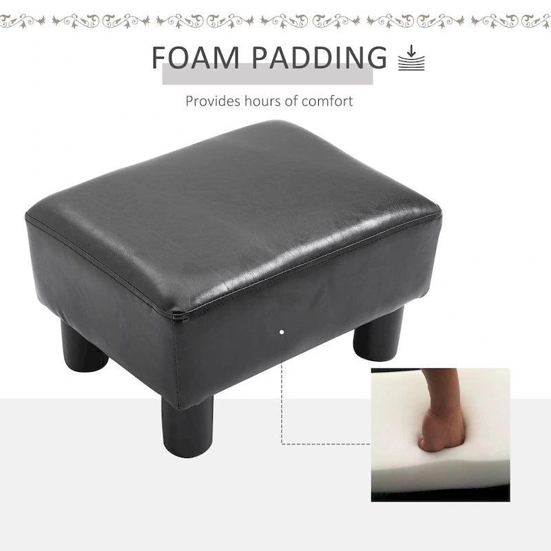 Repose-pieds ottoman rectangulaire en similicuir noir avec siège en mousse rembourrée et pieds en plastique