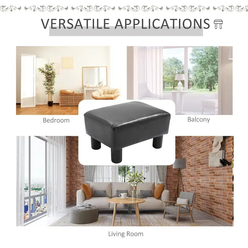 Repose-pieds ottoman rectangulaire en similicuir noir avec siège en mousse rembourrée et pieds en plastique