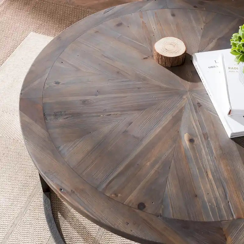 Table basse ronde Sunburst en bois recyclé naturel avec piètement en métal noir