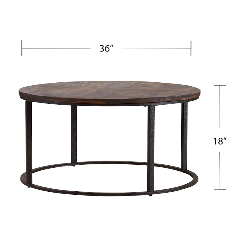 Table basse ronde Sunburst en bois recyclé naturel avec piètement en métal noir