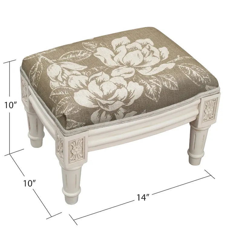 Repose-pieds en lin imprimé taupe avec cadre en bois blanc antique et double passepoil