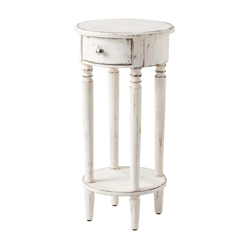 Table d'appoint haute ronde en bois vieilli blanc avec tiroir