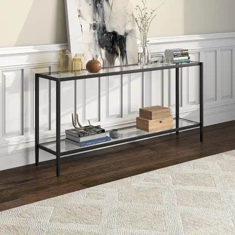 Hera 64 Wide Rectangular Console Table with Glass Shelf - 64 Wide
