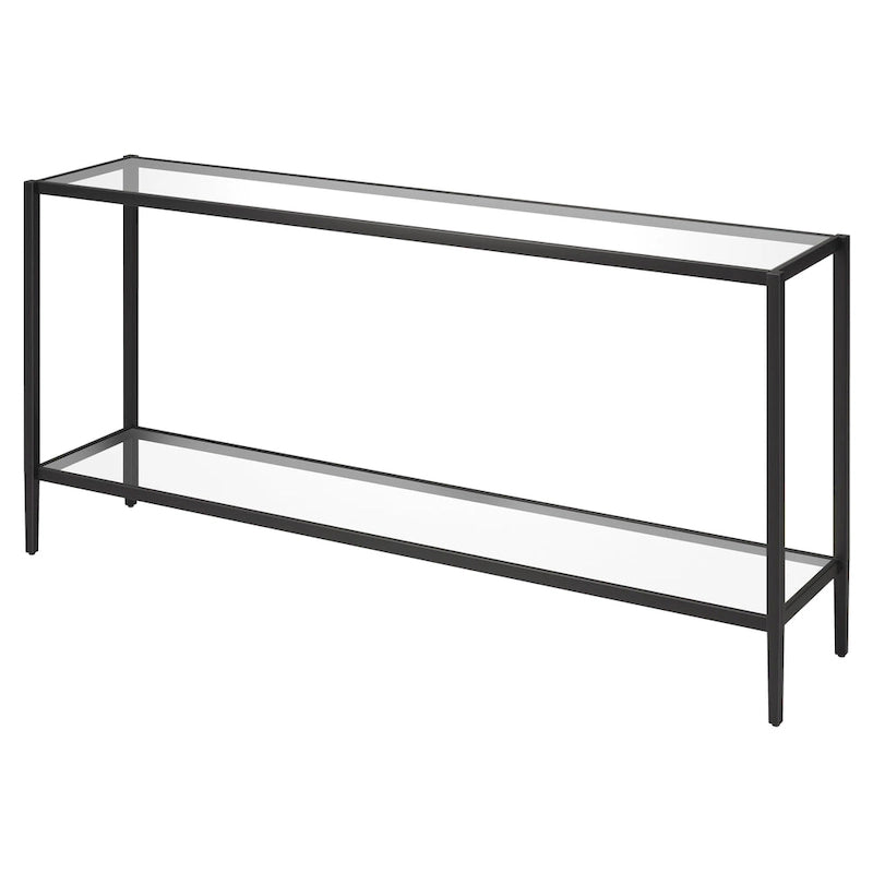Console en acier, finition laiton brossé/bronze noirci, avec plateau en verre trempé et étagère miroir, 162,5 cm de large