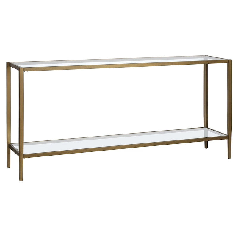 Console en acier, finition laiton brossé/bronze noirci, avec plateau en verre trempé et étagère miroir, 162,5 cm de large