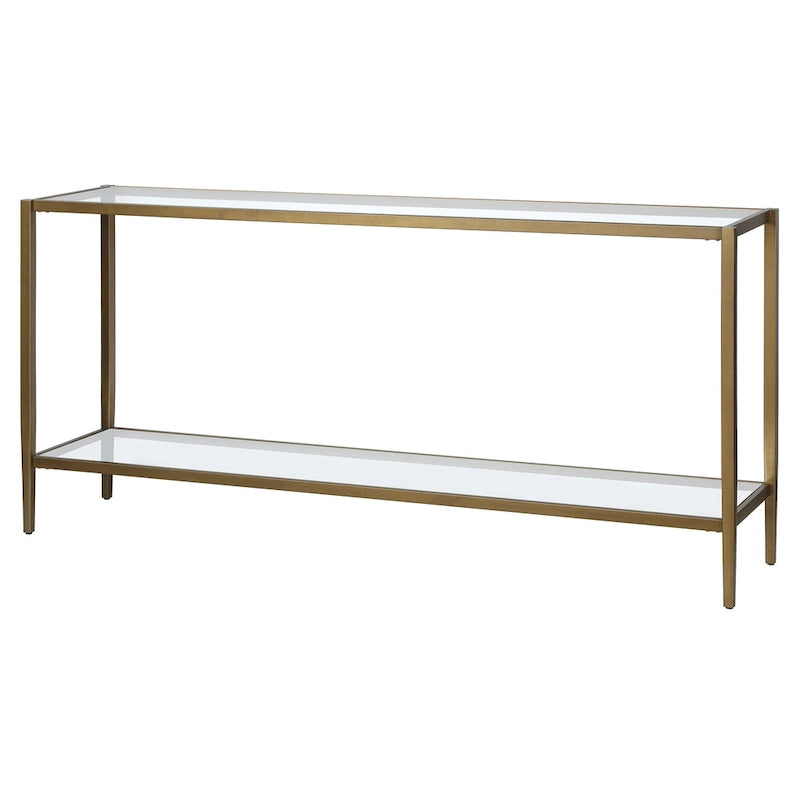 Console en acier, finition laiton brossé/bronze noirci, avec plateau en verre trempé et étagère miroir, 162,5 cm de large