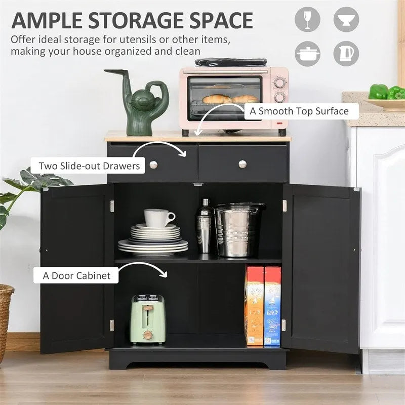 Meuble de rangement 2 tiroirs 2 portes avec étagère réglable, MDF et hévéa (noir vieilli / marron rustique / blanc / blanc vieilli / noir / gris)