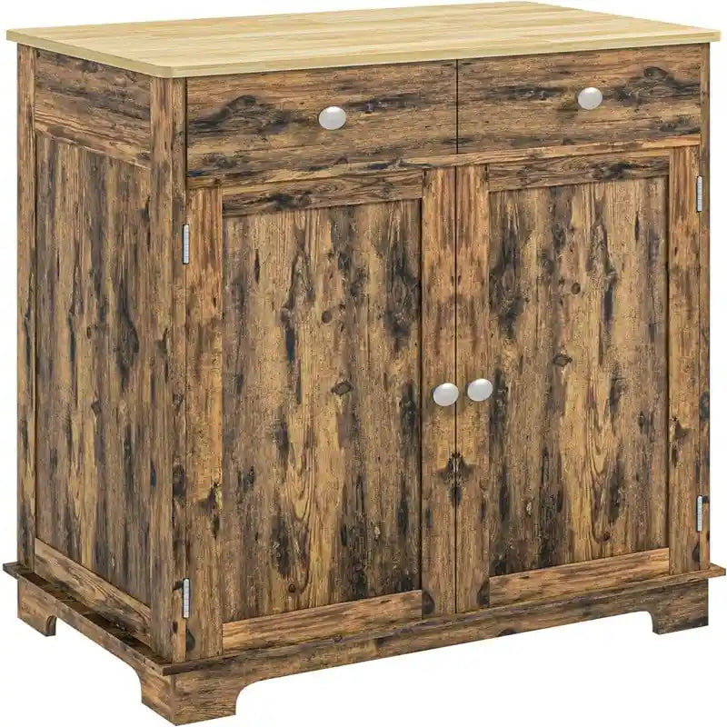 Meuble de rangement 2 tiroirs 2 portes avec étagère réglable, MDF et hévéa (noir vieilli / marron rustique / blanc / blanc vieilli / noir / gris)