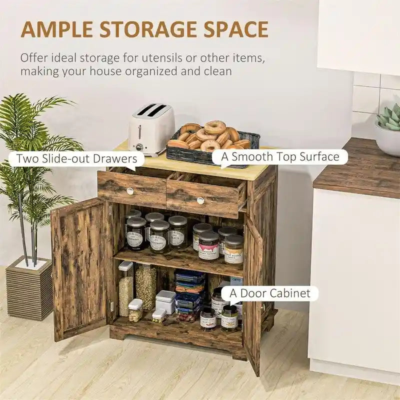 Meuble de rangement 2 tiroirs 2 portes avec étagère réglable, MDF et hévéa (noir vieilli / marron rustique / blanc / blanc vieilli / noir / gris)