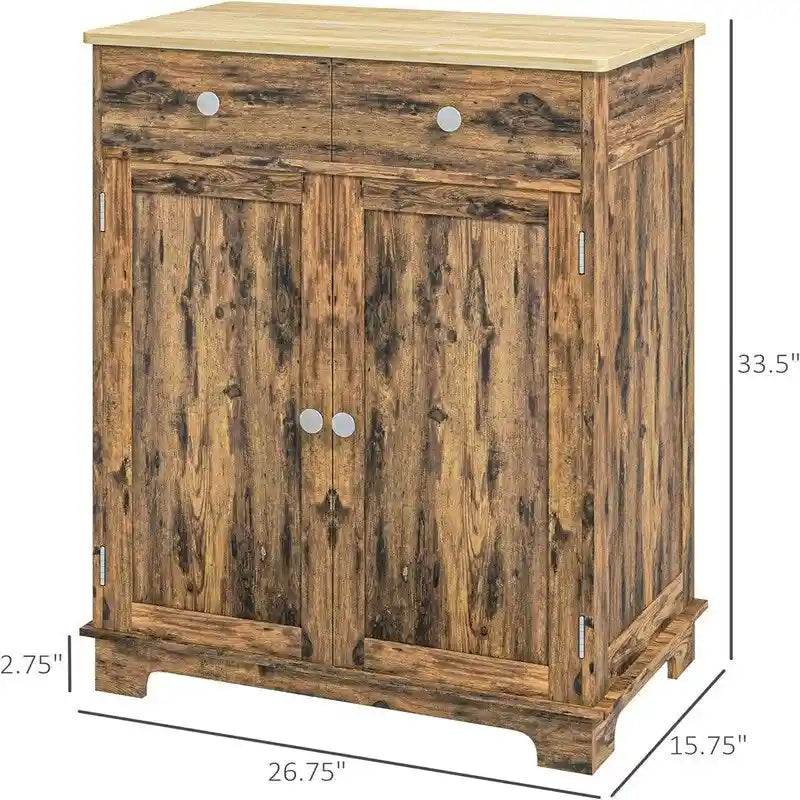 Meuble de rangement 2 tiroirs 2 portes avec étagère réglable, MDF et hévéa (noir vieilli / marron rustique / blanc / blanc vieilli / noir / gris)