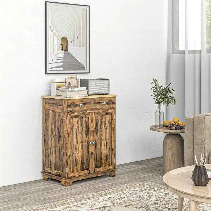 Meuble de rangement 2 tiroirs 2 portes avec étagère réglable, MDF et hévéa (noir vieilli / marron rustique / blanc / blanc vieilli / noir / gris)