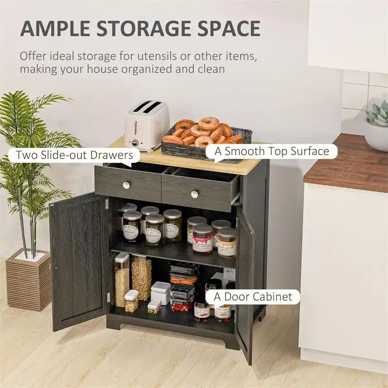 Meuble de rangement 2 tiroirs 2 portes avec étagère réglable, MDF et hévéa (noir vieilli / marron rustique / blanc / blanc vieilli / noir / gris)