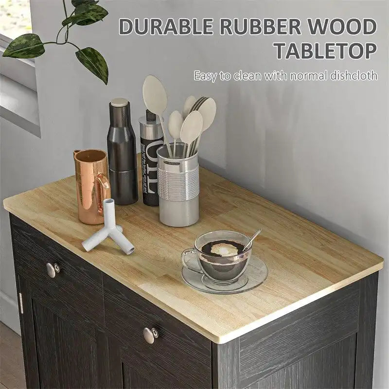 Meuble de rangement 2 tiroirs 2 portes avec étagère réglable, MDF et hévéa (noir vieilli / marron rustique / blanc / blanc vieilli / noir / gris)