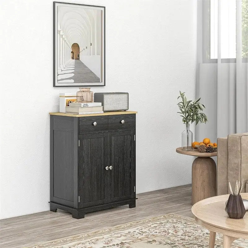 Meuble de rangement 2 tiroirs 2 portes avec étagère réglable, MDF et hévéa (noir vieilli / marron rustique / blanc / blanc vieilli / noir / gris)