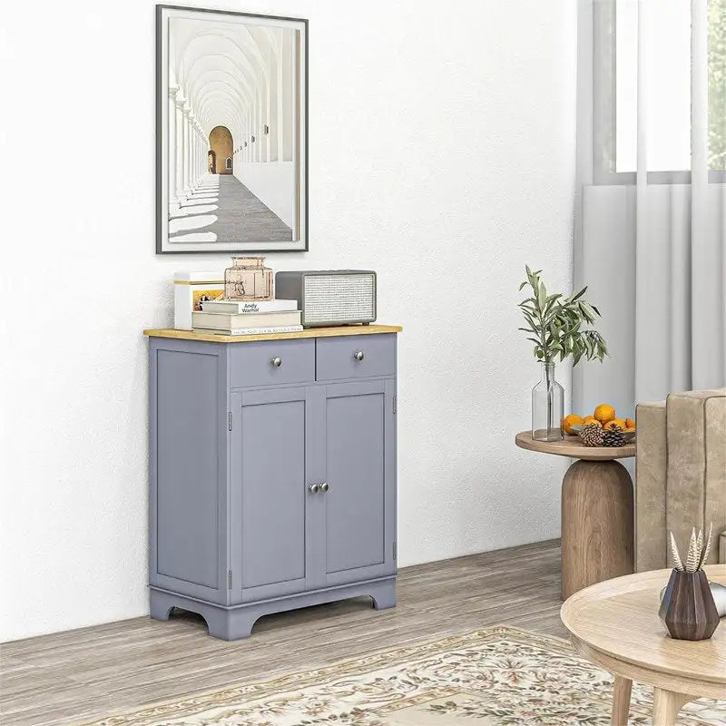 Meuble de rangement 2 tiroirs 2 portes avec étagère réglable, MDF et hévéa (noir vieilli / marron rustique / blanc / blanc vieilli / noir / gris)