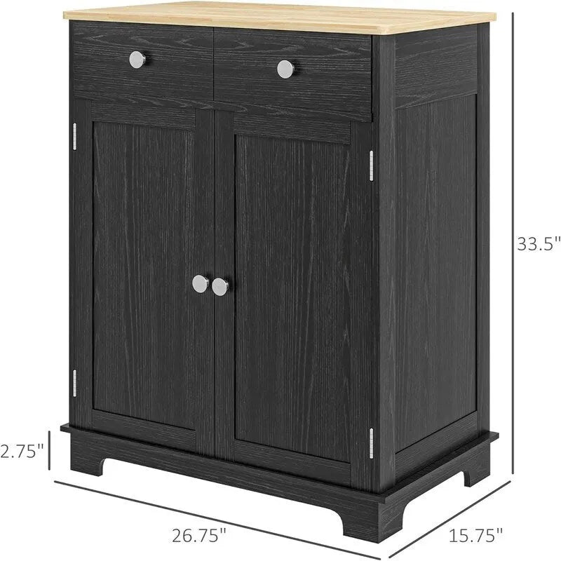 Meuble de rangement 2 tiroirs 2 portes avec étagère réglable, MDF et hévéa (noir vieilli / marron rustique / blanc / blanc vieilli / noir / gris)