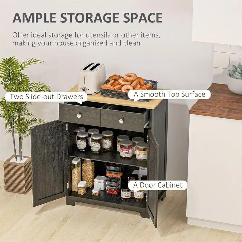 Meuble de rangement 2 tiroirs 2 portes avec étagère réglable, MDF et hévéa (noir vieilli / marron rustique / blanc / blanc vieilli / noir / gris)