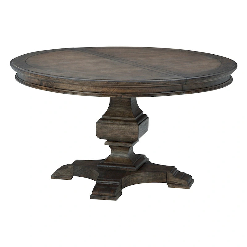 Table à manger extensible ronde Java marron, bois de mindi, pied de piédestal en urne, 6 places