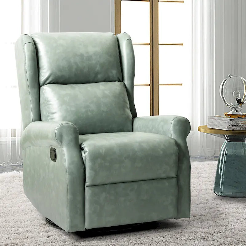 Fauteuil inclinable pivotant en cuir végétalien coloris sauge / vert / marine / turquoise / marron / camel / noir / jaune / gris / bordeaux / ivoire / saddle avec dossier à oreilles et repose-pieds escamotable, 1 place