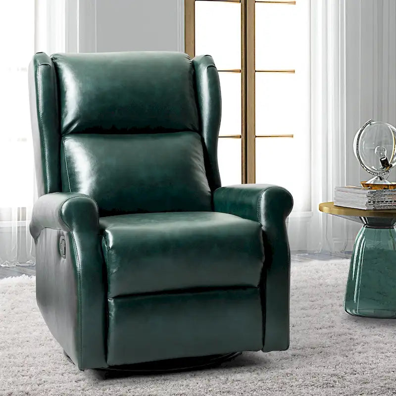 Fauteuil inclinable pivotant en cuir végétalien coloris sauge / vert / marine / turquoise / marron / camel / noir / jaune / gris / bordeaux / ivoire / saddle avec dossier à oreilles et repose-pieds escamotable, 1 place