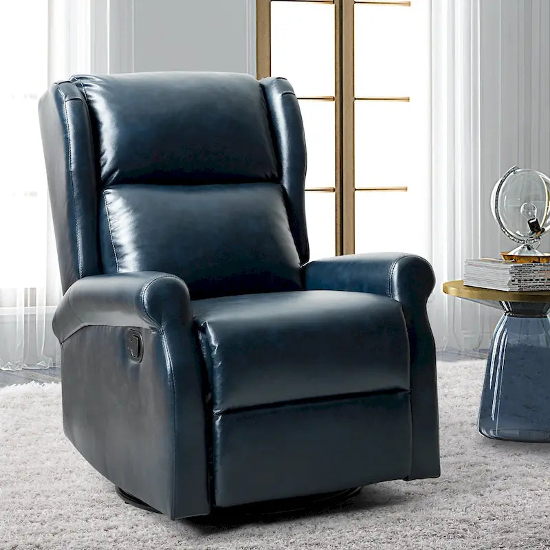 Fauteuil inclinable pivotant en cuir végétalien coloris sauge / vert / marine / turquoise / marron / camel / noir / jaune / gris / bordeaux / ivoire / saddle avec dossier à oreilles et repose-pieds escamotable, 1 place