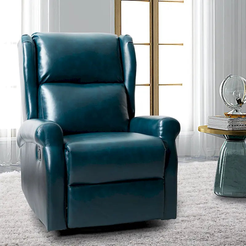Fauteuil inclinable pivotant en cuir végétalien coloris sauge / vert / marine / turquoise / marron / camel / noir / jaune / gris / bordeaux / ivoire / saddle avec dossier à oreilles et repose-pieds escamotable, 1 place
