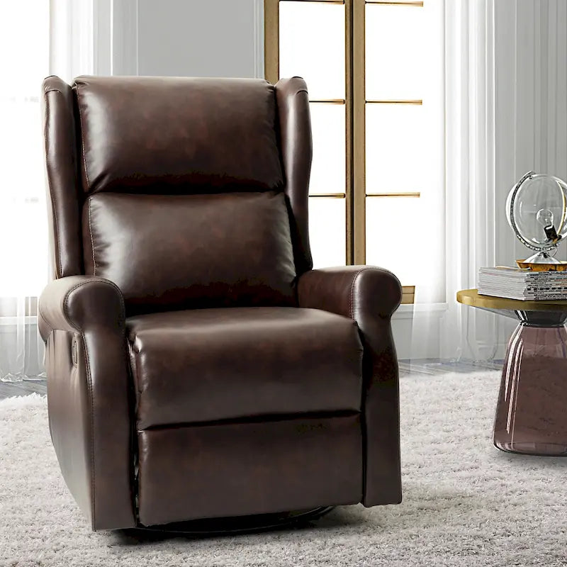 Fauteuil inclinable pivotant en cuir végétalien coloris sauge / vert / marine / turquoise / marron / camel / noir / jaune / gris / bordeaux / ivoire / saddle avec dossier à oreilles et repose-pieds escamotable, 1 place