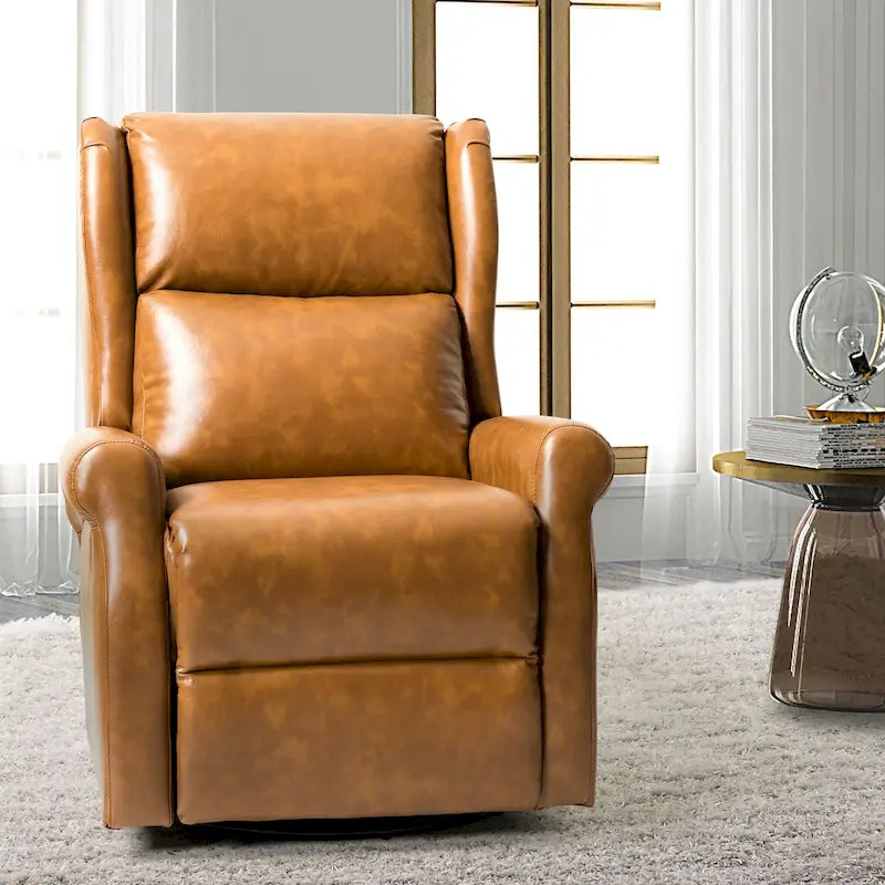 Fauteuil inclinable pivotant en cuir végétalien coloris sauge / vert / marine / turquoise / marron / camel / noir / jaune / gris / bordeaux / ivoire / saddle avec dossier à oreilles et repose-pieds escamotable, 1 place