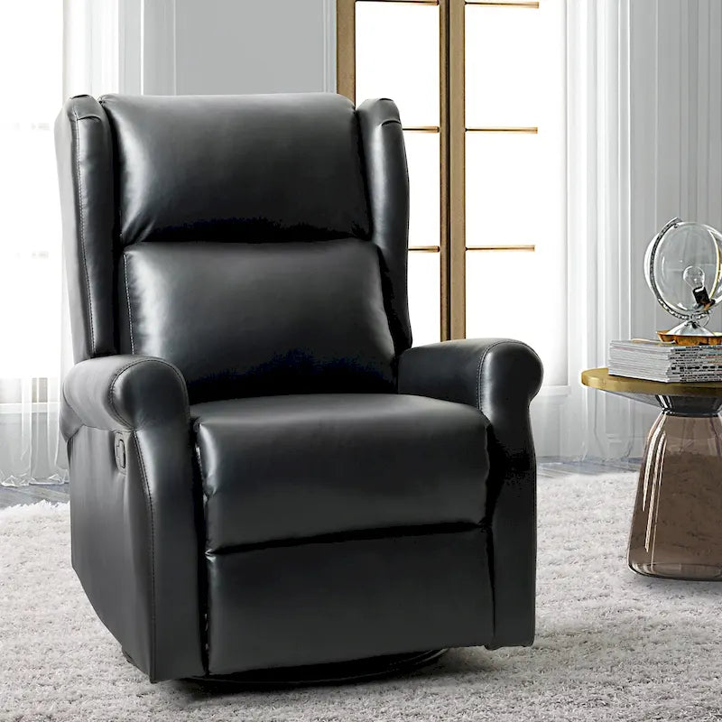 Fauteuil inclinable pivotant en cuir végétalien coloris sauge / vert / marine / turquoise / marron / camel / noir / jaune / gris / bordeaux / ivoire / saddle avec dossier à oreilles et repose-pieds escamotable, 1 place