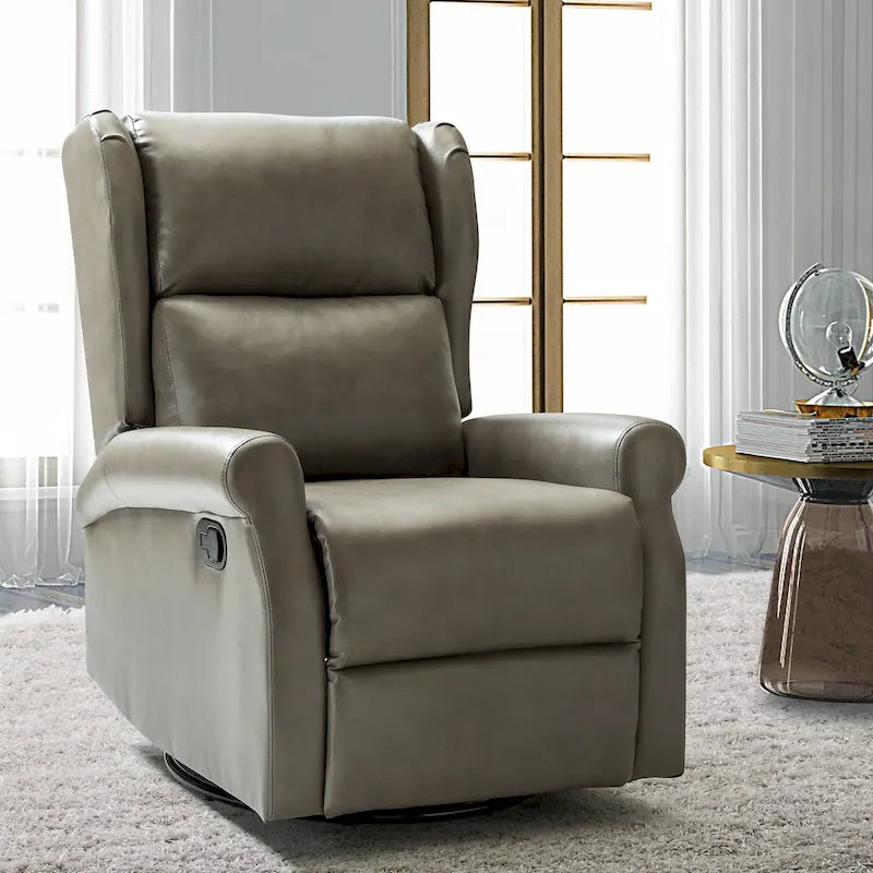 Fauteuil inclinable pivotant en cuir végétalien coloris sauge / vert / marine / turquoise / marron / camel / noir / jaune / gris / bordeaux / ivoire / saddle avec dossier à oreilles et repose-pieds escamotable, 1 place