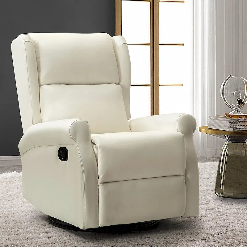 Fauteuil inclinable pivotant en cuir végétalien coloris sauge / vert / marine / turquoise / marron / camel / noir / jaune / gris / bordeaux / ivoire / saddle avec dossier à oreilles et repose-pieds escamotable, 1 place